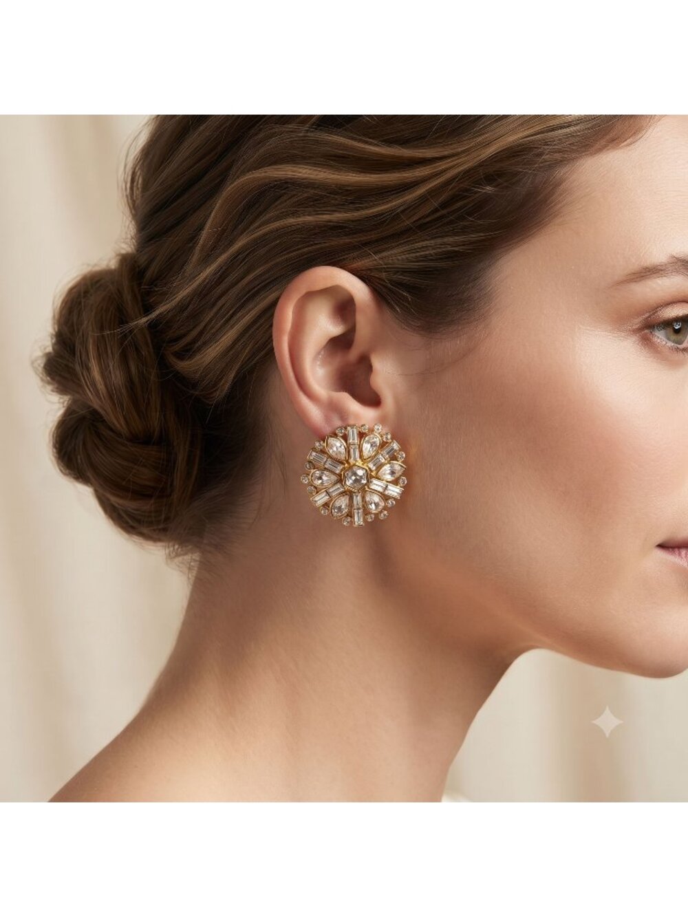 Vintage Swarovski Crystal Snowflake Clip-On Earrings, Gold Tone Starburst, Signe
